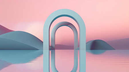 Surreal 3D oval portal reflected in water in a futuristic twilight pink fantasy landscape. Generative AIの素材