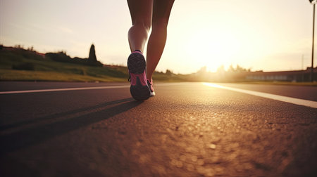 Female runner's legs on asphalt at sunset. Generative AIの素材