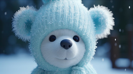 Illustration of baby teddy bear in a winter environment wearing warm clothes. Generative AIの素材