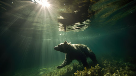 Big brown bear diving underwater. Generative AIの素材