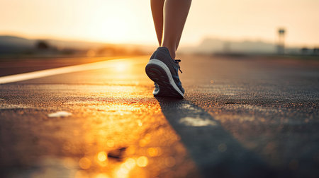 Female runner's legs on asphalt at sunset. Generative AIの素材
