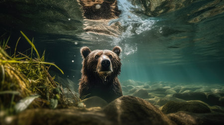 Big brown bear diving underwater. Generative AIの素材