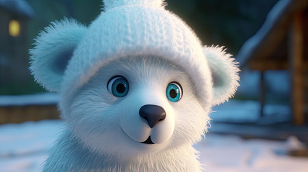 Illustration of baby teddy bear in a winter environment wearing warm clothes. Generative AIの素材