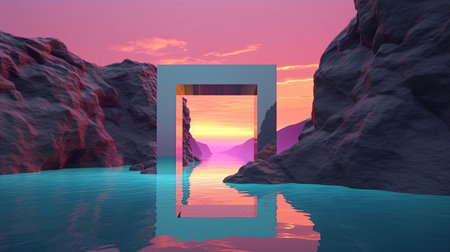 Surreal rock gate in the ocean at twilight. Generative AIの素材