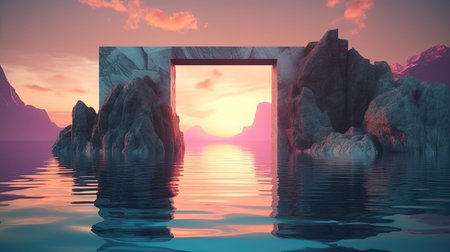 Surreal rock portal in the ocean at twilight. Generative AIの素材