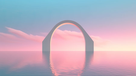 Surreal 3D oval portal reflected in water in a futuristic twilight pink fantasy landscape. Generative AIの素材