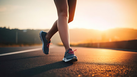 Female runner's legs on asphalt at sunset. Generative AIの素材