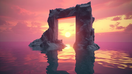 Surreal rock gate in the ocean at twilight. Generative AIの素材