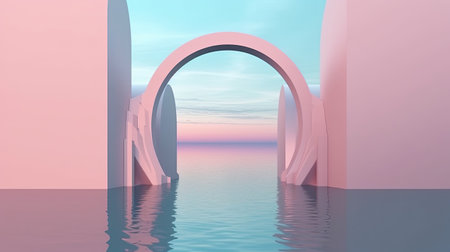 Surreal 3D oval portal reflected in water in a futuristic twilight pink fantasy landscape. Generative AIの素材