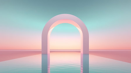 Surreal 3D oval portal reflected in water in a futuristic twilight pink fantasy landscape. Generative AIの素材