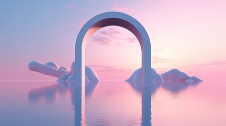 Surreal 3D oval portal reflected in water in a futuristic twilight pink fantasy landscape. Generative AIの素材