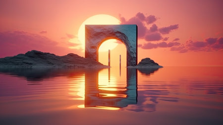 Surreal rock portal in the ocean at twilight. Generative AIの素材