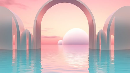 Surreal 3D oval portal reflected in water in a futuristic twilight pink fantasy landscape. Generative AIの素材
