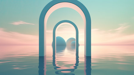 Surreal 3D oval portal reflected in water in a futuristic twilight pink fantasy landscape. Generative AIの素材