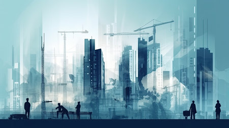 Silhouettes of construction workers against a background of cranes and buildings under construction. Illustration. Generative AIの素材