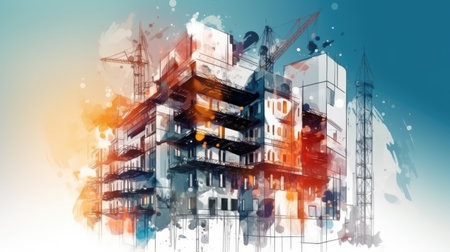 Silhouettes of construction workers against a background of cranes and buildings under construction. Illustration. Generative AIの素材