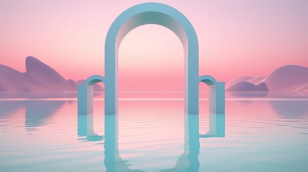 Surreal 3D oval portal reflected in water in a futuristic twilight pink fantasy landscape. Generative AIの素材