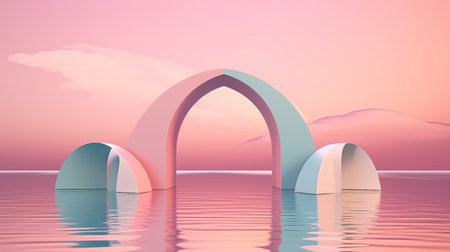Surreal 3D oval portal reflected in water in a futuristic twilight pink fantasy landscape. Generative AIの素材