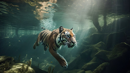 Tiger diving underwater. Generative AIの素材