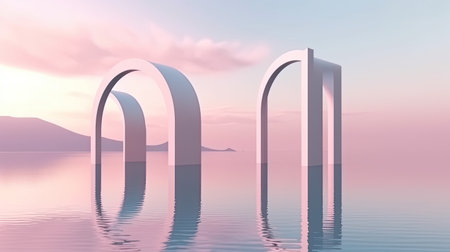 Surreal 3D oval portal reflected in water in a futuristic twilight pink fantasy landscape. Generative AIの素材