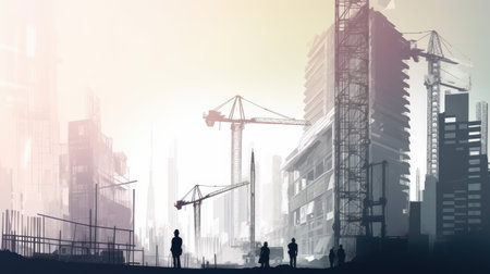 Silhouettes of construction workers against a background of cranes and buildings under construction. Illustration. Generative AIの素材
