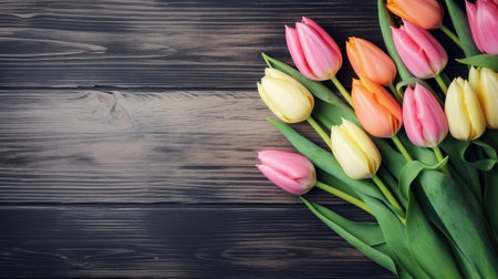 Wooden background with tulip border. Generative AIの素材
