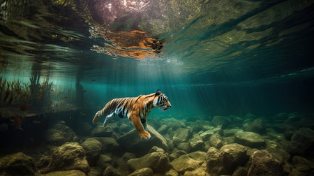Tiger diving underwater. Generative AIの素材