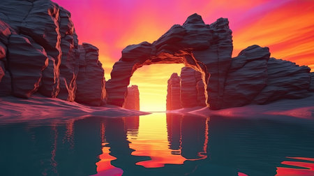 Surreal rock gate in the ocean at twilight. Generative AIの素材