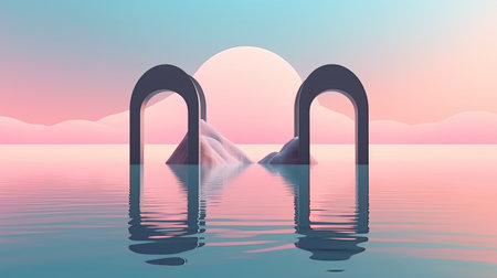Surreal 3D oval portal reflected in water in a futuristic twilight pink fantasy landscape. Generative AIの素材