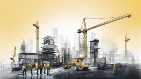 Silhouettes of construction workers against a background of cranes and buildings under construction. Illustration. Generative AIの素材