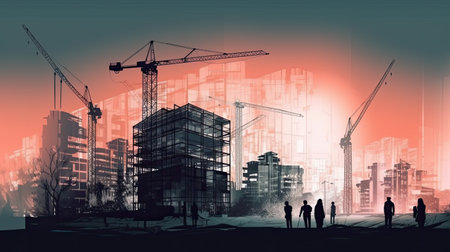 Silhouettes of construction workers against a background of cranes and buildings under construction. Illustration. Generative AIの素材