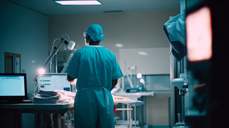 Back view of surgeon in a hospital intensive care unit. Generative AIの素材