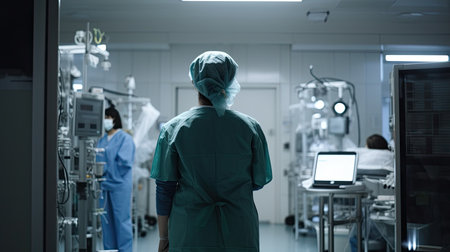Back view of female surgeon in a hospital intensive care unit. Generative AIの素材