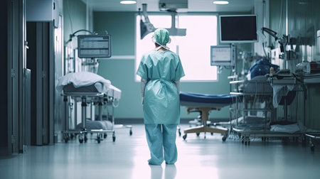 Back view of female surgeon in a hospital intensive care unit. Generative AIの素材