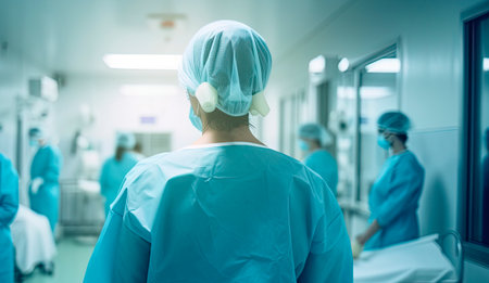 Back view of surgeon woman in a hospital intensive care unit. Generative AIの素材