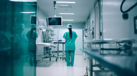 Back view of surgeon woman in a hospital intensive care unit. Generative AIの素材