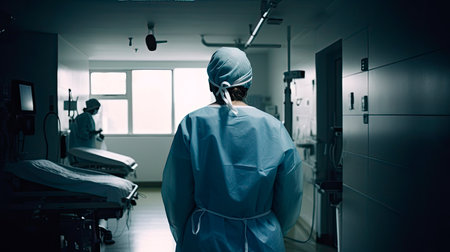 Back view of surgeon woman in a hospital intensive care unit. Generative AIの素材