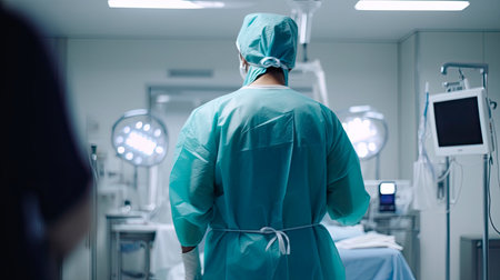 Back view of female surgeon in a hospital intensive care unit. Generative AIの素材
