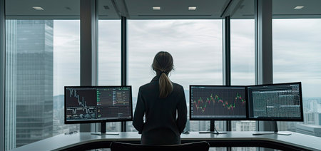 Back view of a businesswoman in the executive offices of a large company in a skyscraper. Generative AIの素材