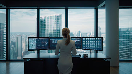 Back view of a businesswoman in the executive offices of a large company in a skyscraper. Generative AIの素材