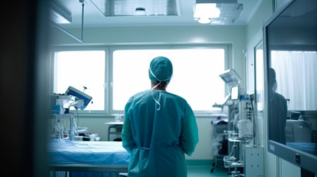 Back view of surgeon woman in a hospital intensive care unit. Generative AIの素材