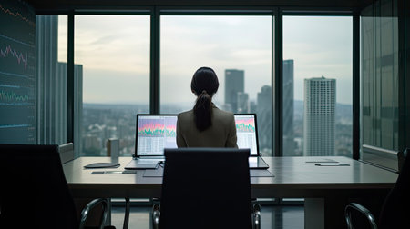 Back view of a businesswoman in the executive offices of a large company in a skyscraper. Generative AIの素材