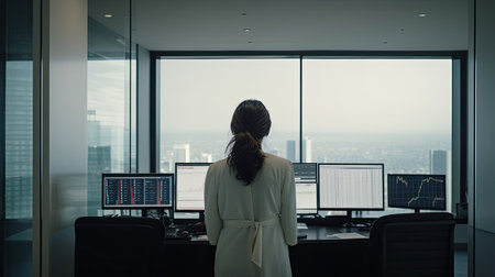 Back view of a businesswoman in the executive offices of a large company in a skyscraper. Generative AIの素材