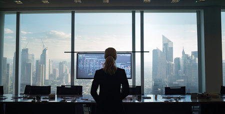 Rear view of a businesswoman standing in front of a computer monitor in a modern officeの素材