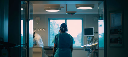 Back view of surgeon woman in a hospital intensive care unit. Generative AIの素材