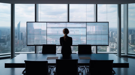Back view of a businesswoman in a meeting room of a large company in a skyscraper. Generative AIの素材