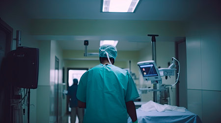Back view of surgeon in a hospital intensive care unit. Generative AIの素材