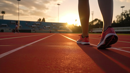 Female runner's legs on race track at sunset. Generative AIの素材