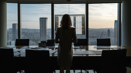 Back view of businesswoman looking at skyscrapers through window in officeの素材
