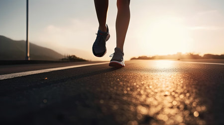 Female runner's legs on asphalt at sunset. Generative AIの素材
